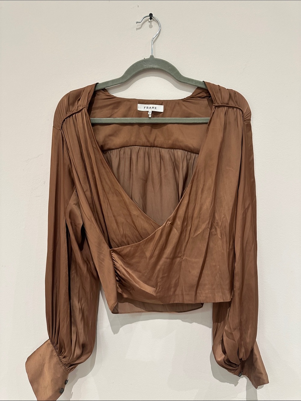 Frame Denim Copper-Brown Satin Wrap Blouse